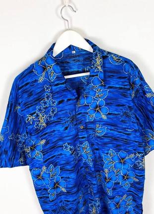 Винтажная гавайка с цветами синяя летняя рубашка3 фото