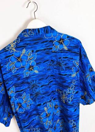 Винтажная гавайка с цветами синяя летняя рубашка4 фото