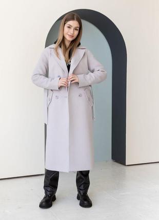 Пальто женское двубортное, демисезонное, длинное, с поясом, полу шерстяное, бренд, серое, кремовое1 фото