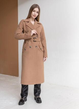 Пальто женское двубортное, демисезонное, длинное, с поясом, полу шерстяное, бренд, серое, кремовое6 фото