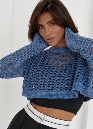 Укороченный ажурный джемпер синий