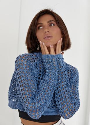 Укороченный ажурный джемпер синий