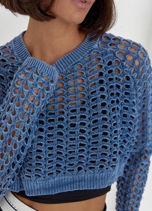 Укороченный ажурный джемпер синий
