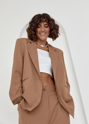 Женский однобортный пиджак на пуговице коричневый6 фото