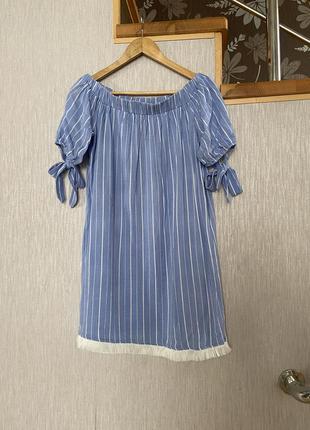 Платье платье мини с открытыми плечами в полоску сине-белое reserved4 фото