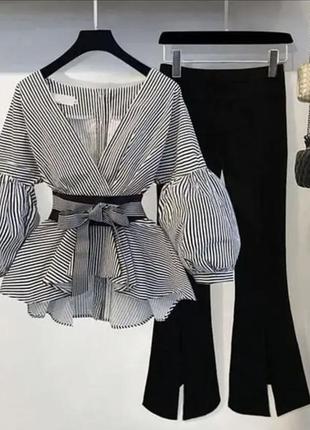 Костюм: блузка із завищеною талією й штани білий + чорний