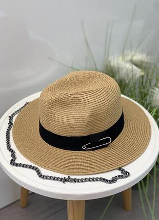 Капелюх жіночий солом'яний на літо федора булавка з ланцюжком, капелюх із соломи, стильний капелюх для вечірніх прогулянок
