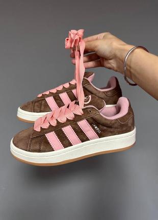 Класні кросівки коричневі adidas campus 00s brown pink premium з рожевим