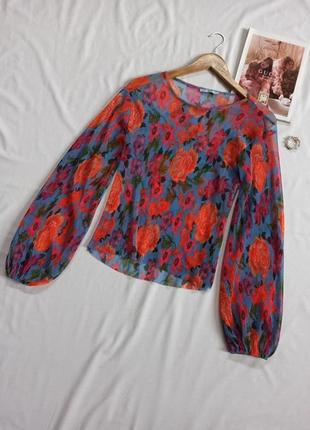 Шикарная плиссированная прозрачная блузка в цветочный принт с объемными рукавами