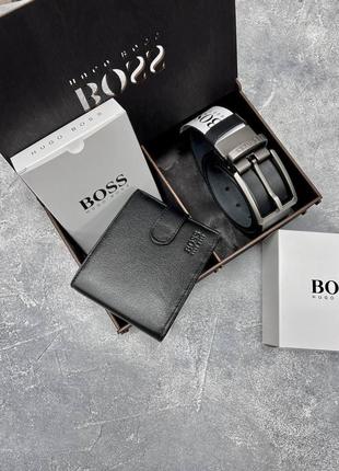 Мужской подарочный набор boss кожаный ремень + кожаный кошелек + подарочная упаковка