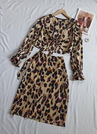 Сборный сатиновый комплект в леопардовый принт/юбка миди+топ с завязками