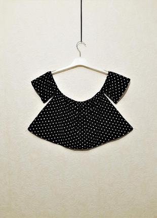 Sinsay турецкая блуза чёрная в белые горохи топ трикотаж открытые плечи короткие рукава лето женская3 фото