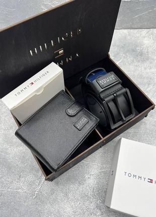 Подарунковий набір чоловічий tommy hilfiger (шкіряний ремінь + шкіра, шкіра, гаманець тимчасово без бренда)