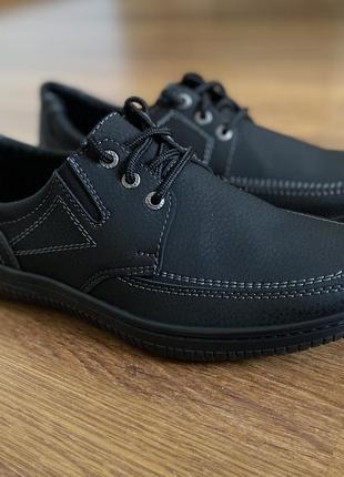 Мужские нубуковые туфли черные прошитые с круглым носком на шнурках (код 2343)4 фото