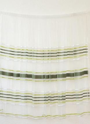 Готовый короткий тюль в полоску кремовый с зелёным 3х1.45м