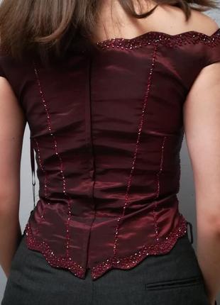 Шикарный бордовый корсет, расшитый бисером7 фото