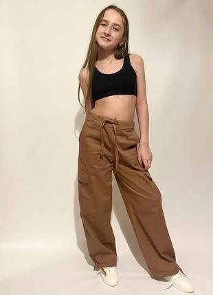Дитячі штани карго мокко штани підліткові широкі з кишенями для дівчинки