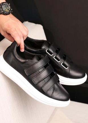 Стильные черные мужские кеды/кроссовки весенне-осенние на липучках кожаные/кожа-мужская обувь