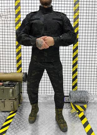 Мужской рабочий костюм китель + брюки / полевая форма с липучками под шевроны рип-стоп черный мультикам размер