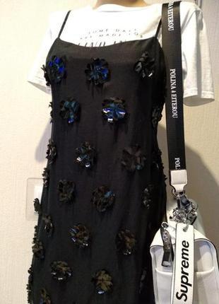 Крутое мини платьице коктейльное шелк/хлопок и кожаные цветочки4 фото