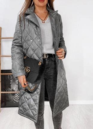Куртка пальто женское осеннее демисезонное на осень стеганое серое базовое на синтепоне длинное3 фото