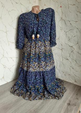 Платье миди бохо ярусное синее в цветочный принт,48 р1 фото