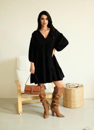 Женское свободное легкое черное многоярусное платье стиле бохо с длинным рукавом фонариком