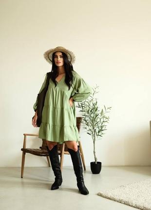 Женское свободное легкое оливковое многоярусное платье стиле бохо с длинным рукавом фонариком