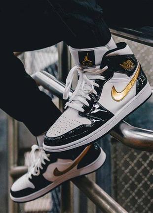 Кроссовки nike air jordan 1 retro mid patent black gold10 фото