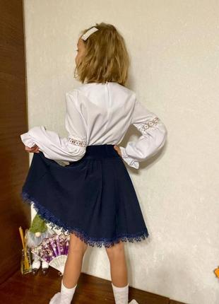 Дитяча спідниця на гумці для дівчинки в школу підліткова синя шкільна спідниця мереживо на підкладці та кишенями6 фото