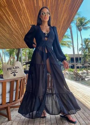 Полупрозрачное черное пляжное платье, туника длинная, парео
