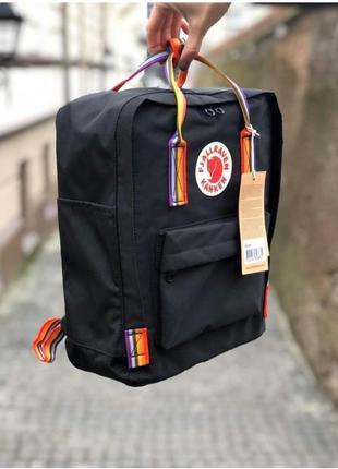 Рюкзак канкен черный с радужными ручками, fjallraven kanken 16 л, black rainbow, радужные, цветные, школьный, шкільний4 фото