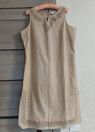 Бежевое коттоновое платье без рукава🔹вышиванка👗 с элементами вышивки damart(14-16 размер)2 фото