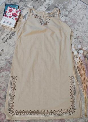 Бежевое коттоновое платье без рукава🔹вышиванка👗 с элементами вышивки damart(14-16 размер)4 фото