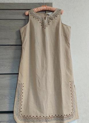 Бежевое коттоновое платье без рукава🔹вышиванка👗 с элементами вышивки damart(14-16 размер)9 фото
