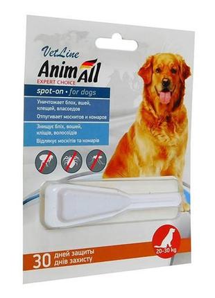 Краплі проти блоx і кліщів animall vetline spot-on для собак 20-30 кг 6 мл 60884 (4820150201944/2000981100391)