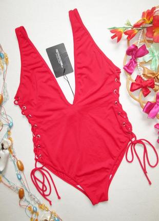 Суперовый слитный красный купальник со шнуровкой prettylittlething 08.23🌺🌴🌺