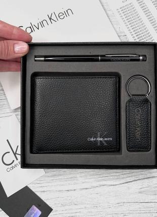 Мужской кожаный кошелек черный calvin klein подарочный набор из натуральной кожи кошелек ручка брелок3 фото