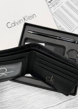 Мужской кожаный кошелек черный calvin klein подарочный набор из натуральной кожи кошелек ручка брелок4 фото