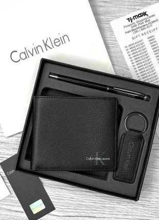 Мужской кожаный кошелек черный calvin klein подарочный набор из натуральной кожи кошелек ручка брелок2 фото