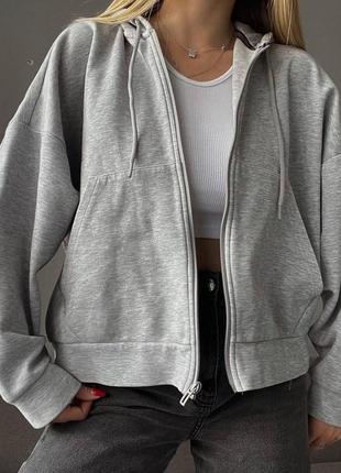 Зіп худі жіноче однотонне на блискавці з капішоном з кишенями оверсайз якісне стильне трендове сіре чорне