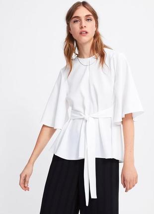 Белая легкая блузка с поясом zara4 фото
