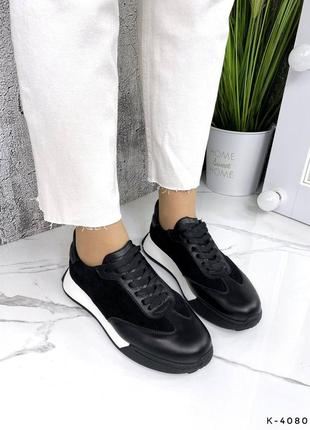 Натуральные кожаные и замшевые черные кроссовки на белой подошве5 фото