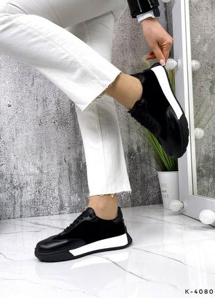 Натуральные кожаные и замшевые черные кроссовки на белой подошве8 фото