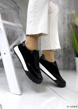 Натуральные кожаные и замшевые черные кроссовки на белой подошве4 фото