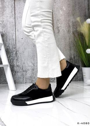 Натуральные кожаные и замшевые черные кроссовки на белой подошве7 фото