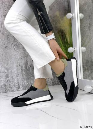 Натуральные замшевые и кожаные кроссовки с черными и белыми вставками7 фото