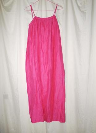 Ярко розовое платье из льна , макси. barbie. на бретельках1 фото