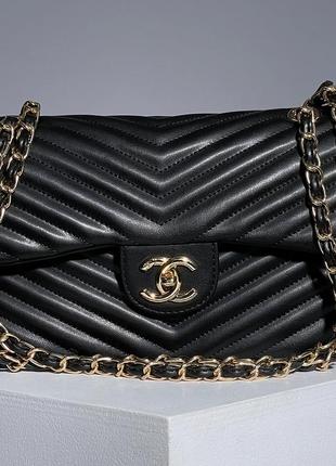 Стильная женская сумка chanel 2.55 black gold 25 х 16 х 7 см