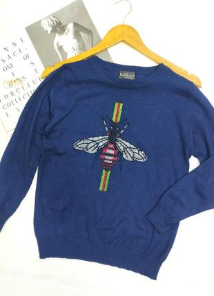 Кофта gucci синий пчела стразы свитер длинный рукав2 фото